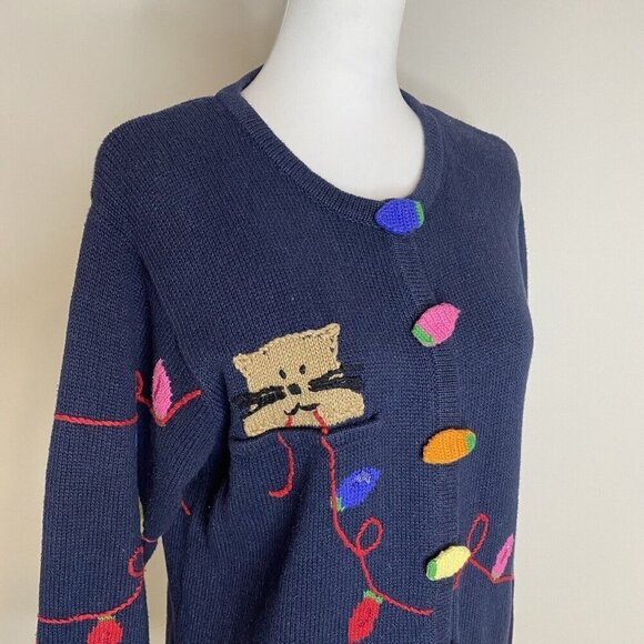 Vintage Quacker Factory Cat Holiday Christmas Light Sweater Cardigan Blue Medium - Picture 4 of 12